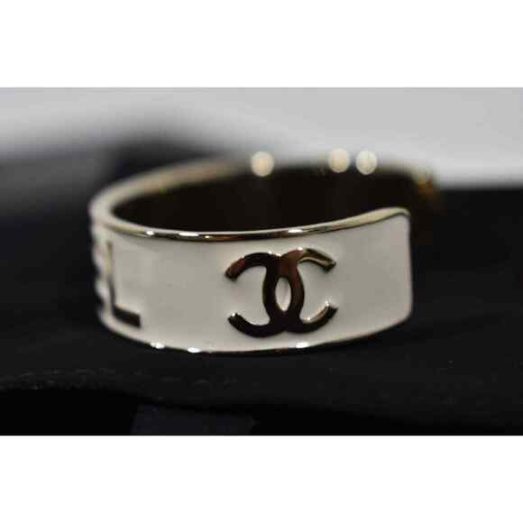 Chanel 22S Gold White Enamel Metal Interlocking CC Logo Arm Cuff Bracelet Small - Picture 8 of 12